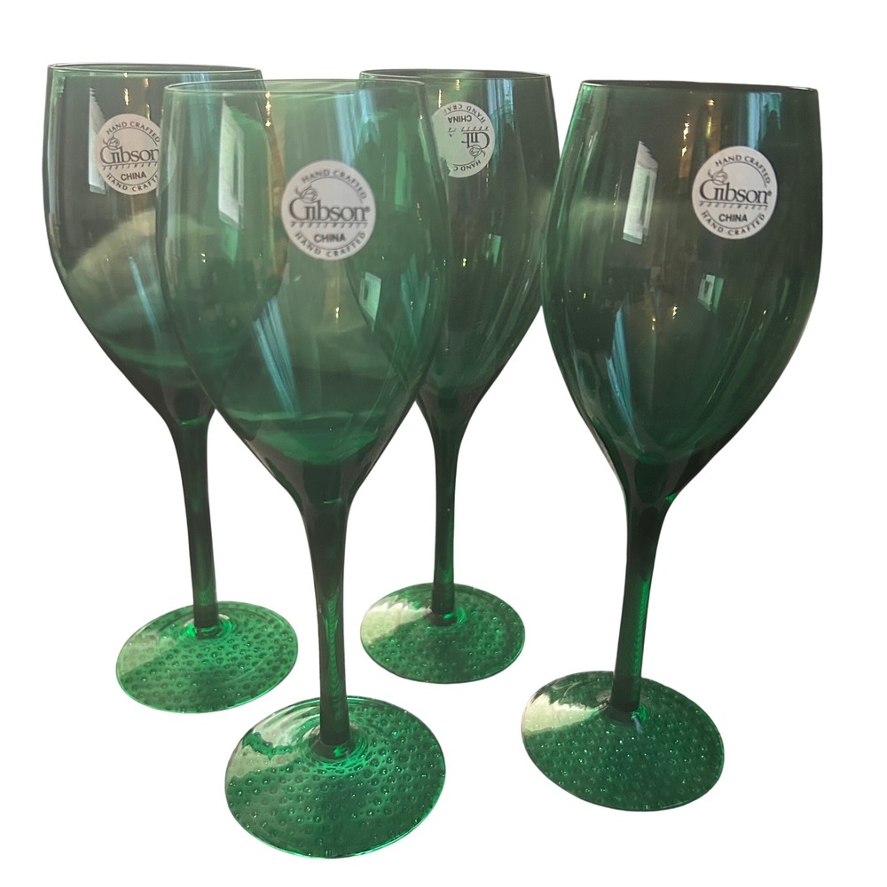 Set of 4 Vintage Gibson Hand Crafted Green Wine Goblets – Brand New with Sticker